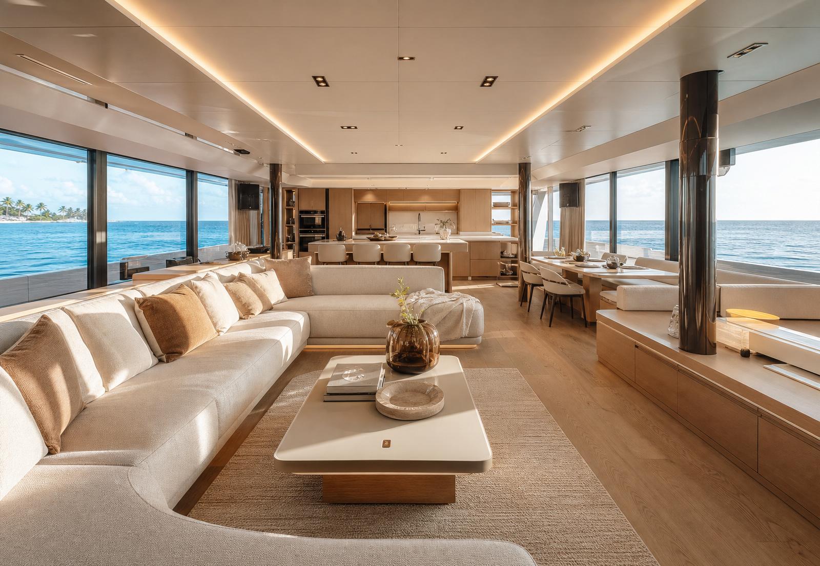 Main salon living space with panoramic ocean views