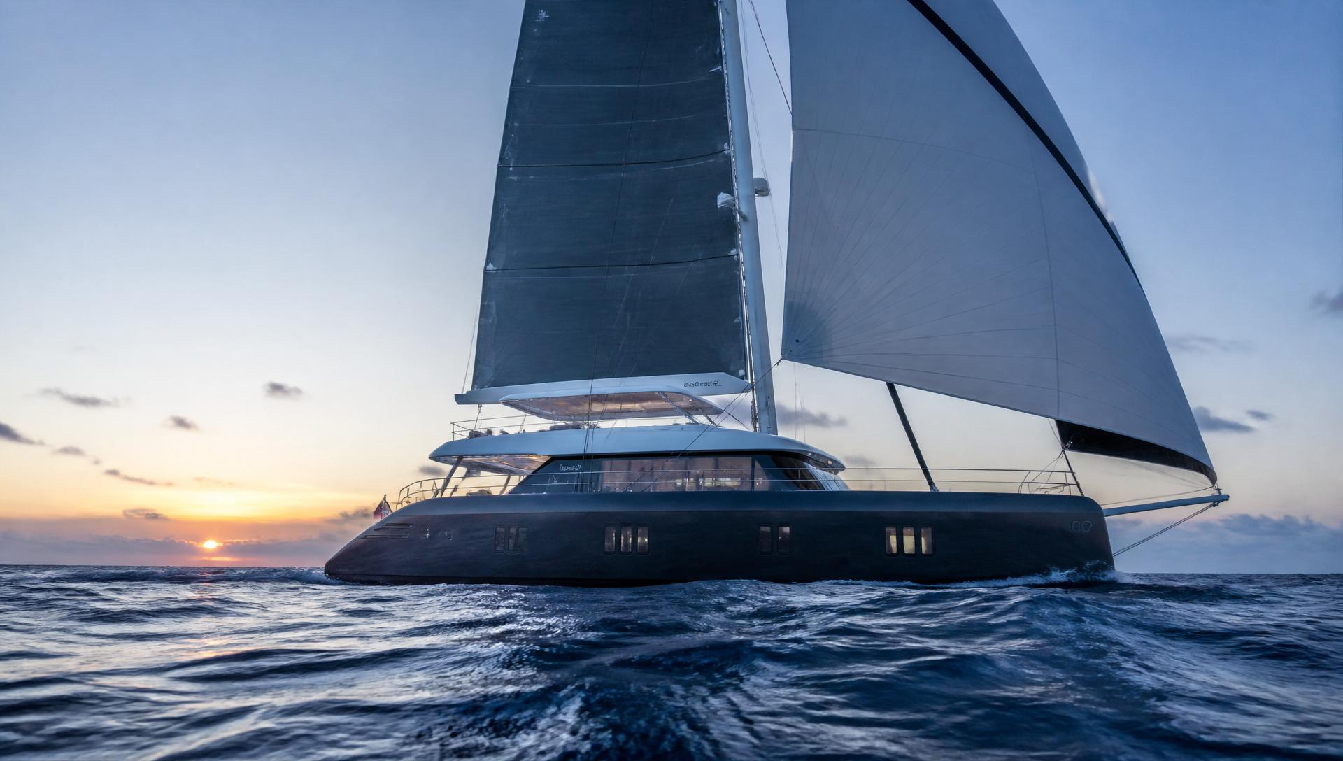 Sunreef 80 at sunrise on the open ocean